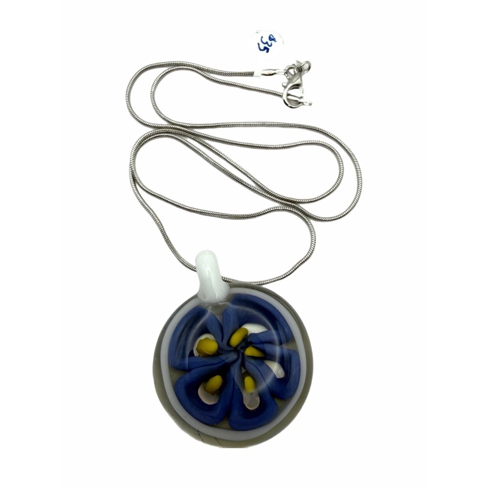 Artisan Lampwork Glass Flower Pendant Necklace Blue Yellow Silver Snake Chain